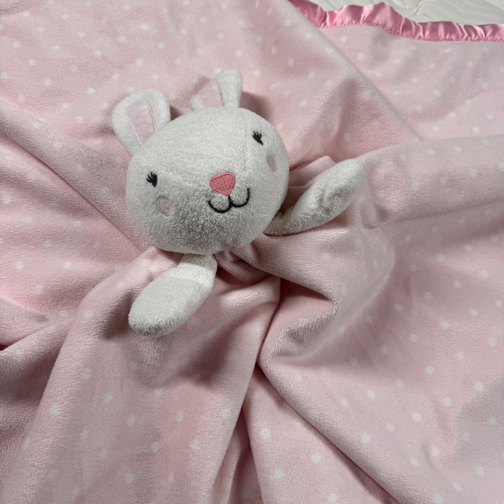Cloud Island Pink Polka Dot Plus Bunny Security Blanket Satin Trim Lovey 29x29"